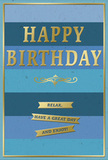 This birthday card captures a feeling of calm celebration, blending modern design with a hint of classic elegance that suits the relaxed, artistic side streets of Shoreditch. The front is dominated by generous horizontal stripes, each a different tone of blue, moving gently from deep navy and midnight hues at the outer edges to softer aqua and powder blue near the centre. These layered blues create a soothing gradient reminiscent of the sky reflected in the windows of converted warehouses as evening falls. In the centre, the words HAPPY BIRTHDAY appear in tall, embossed gold capital letters, the metallic finish glowing softly against the cool backdrop. The letters are crisply defined and raised, suggesting a card you could explore by touch, following the contours of each letter with your fingertips. Just beneath, a single, elegant golden flourish sweeps across the card like a decorative underline, adding a touch of vintage charm. Below this, three slim gold banners are stacked neatly, each one like a little ribbon of light. On them, in clear, legible type, are the words: Relax, have a great day and enjoy! The phrasing feels as gentle and reassuring as a quiet birthday coffee on a side street near Old Street, away from the main rush. A fine golden line traces the perimeter of the card, framing the blues and tying together the design with a refined finish. The surface looks smooth and matte where the blues lie, with the foil elements shimmering softly whenever light touches them. This card would sit beautifully alongside a simple vase of fresh birthday flowers, bringing a sense of peaceful joy and thoughtful intention to the occasion.